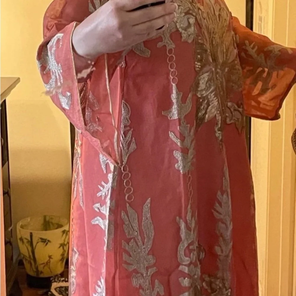 Elegant Coral Floral Embroidered Dress - Picture 6 of 9